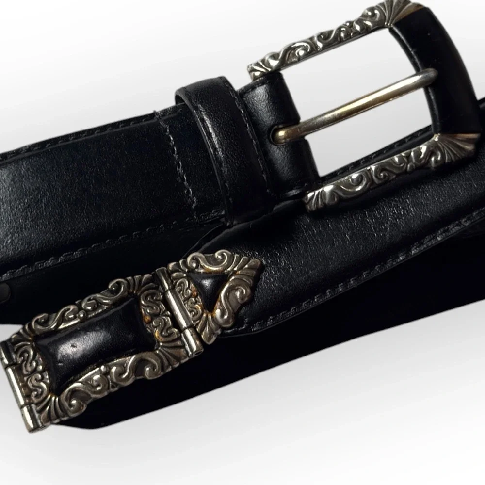 Vintage Fossil Black Leather Western Belt Ornate Silver Buckle Tip Keeper Y2K M